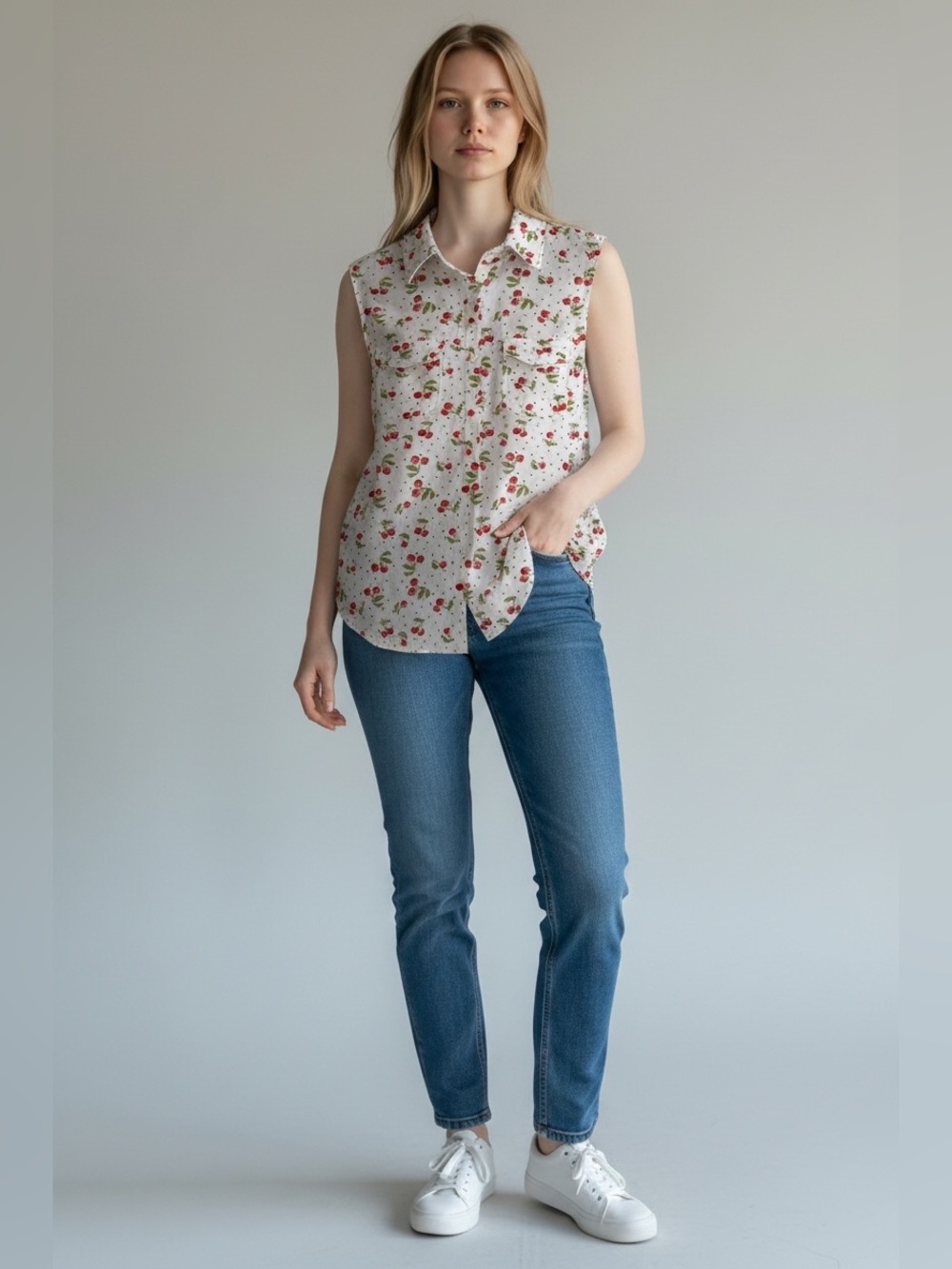 Love Potion Cherry-Print Sleeveless Button-Up Blouse Top- White with Red Cherry